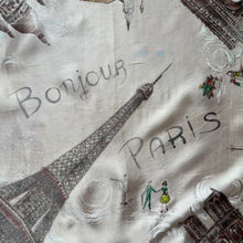 Load image into Gallery viewer, Vintage 1950's Bonjour Paris Tourist Scarf with The Eiffel Tower, Notre-Dame and More - Great Neckerchief or Headscarf