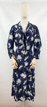 Load image into Gallery viewer, Original 1930s Navy and White Silk Volup Floral Print Dress with Bow Tie Neck - Bust 40 42