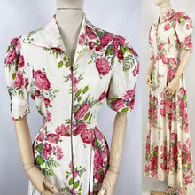 Load image into Gallery viewer, Original 1940s White Hostess Gown with Pretty Pink Rose Print - Great Maxi Dress - Bust 36" 38"