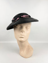 Load image into Gallery viewer, Original Late 1930's or Early 1940's Black Lacquered Straw Hat with Pink Grosgrain Trim