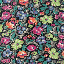 Load image into Gallery viewer, Original 1940's Textured Crepe Floral Hankie in Lime, Magenta, Green, Blue and Coral on Black - Great Gift Idea