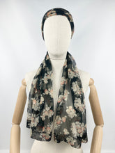 Load image into Gallery viewer, Original 1930's Fine Floral Chiffon Scarf on Black - Great Christmas Gift
