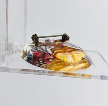 Load image into Gallery viewer, Original 1940s Oval Reverse Carved Lucite Brooch in Bold Shades with Crinoline Lady and Flowers *