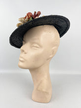 Load image into Gallery viewer, Original 1930's Black Straw Hat with Charming Faded Flora Flower Trim