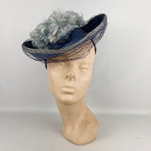 Load image into Gallery viewer, Original 1940's Lavender Blue Felt Tilt Hat with Fluffy Feather and Net Trim - Divine Piece