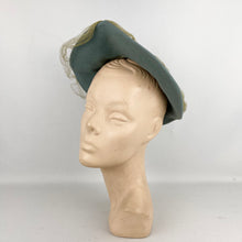 Load image into Gallery viewer, Original 1930’s 1940’s Blue Grey Bogie De Bow Felt Hat with Bow and Net Trim with Matching Hat Pins