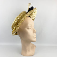 Load image into Gallery viewer, Original 1930s Natural Straw Hat with Cream and Black Trim