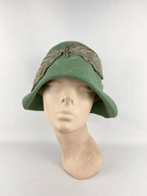 Load image into Gallery viewer, Original 1920s Soft Green Felt Cloche Hat with Wonderful Green and Pink Applique