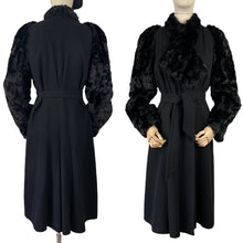 Load image into Gallery viewer, RESERVED FOR SAM Incredible Original 1930s Black Belted Wool Coat with Faux Fur Sleeves - Bust 34 35 36