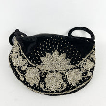 Load image into Gallery viewer, Vintage Black Velvet Evening Bag with Metallic Silver Embroidery