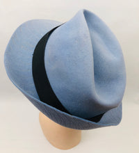 Load image into Gallery viewer, 1930s Cornflower Blue Felt Fedora Hat with Black Grosgrain Trim