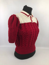 Load image into Gallery viewer, 1940s Reproduction Colour Block Cable Knit Jumper in Ruby and Cream - Bust 40 42 44 46 - Volup Knitwear