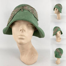 Load image into Gallery viewer, Original 1920s Soft Green Felt Cloche Hat with Wonderful Green and Pink Applique