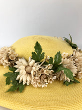 Load image into Gallery viewer, Original 1940s or 1950s Yellow Straw Hat with Wavy Brim and White and Green Floral Trim