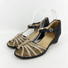 Load image into Gallery viewer, Original 1940's Black Wedges with Fabulous Gold Glitter Straps - UK 5.5 6