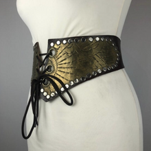 Load image into Gallery viewer, Original Vintage Brown Leather and Metal Laced Waist Cincher Belt - Steam Punk - Waist 27"