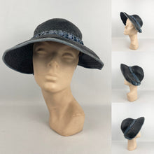 Load image into Gallery viewer, Utterly Charming 1920s 1930s Black Straw Hat with Blue Velvet Trim
