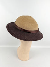Load image into Gallery viewer, Original 1930's Two Tone Straw Hat with Brown Satin Ribbon Trim *