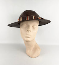 Load image into Gallery viewer, Original 1930s American Made Fine Brown Straw Summer Hat with Cream, Brown and Rust Grosgrain Trim *