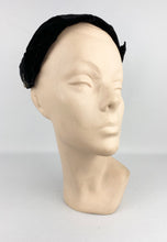 Load image into Gallery viewer, Original 1950s Black Velvet Half Hat with Leaf Trim and Silver Sequin Decoration