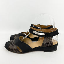 Load image into Gallery viewer, Original 1940's CC41 Black Fabric Wedges with Fabulous Metallic Silver Trim - UK 4.5 5