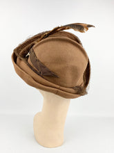 Load image into Gallery viewer, Original 1930s Brown Felt Hat with Net and Feather Trim