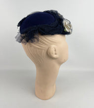 Load image into Gallery viewer, Original 1940's Blue Felt Topper Hat with Net and White Floral Trim *