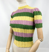 Load image into Gallery viewer, 1950's Reproduction Tri-Colour Cable Hand Knitted Jumper in Pink, Yellow and Green - Bust 30 32