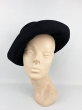Load image into Gallery viewer, Original 1930s 1940s Inky Black Felt Hat with Wide Brim and Grosgrain Trim