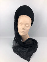 Load image into Gallery viewer, Exceptional 1940s Inky Black Felt Hat with Black Chiffon Scarf