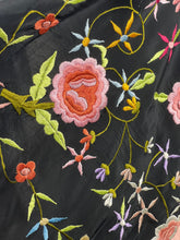 Load image into Gallery viewer, Beautiful Original 1920's 1930's Black Crepe Piano Shawl with Bold Floral Silk Embroidery and Broad