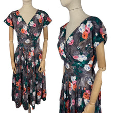 Load image into Gallery viewer, Original 1950's Grey Floral Crinkle Crepe Dress with Crossover Front - Bust 34 36 *
