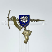 Load image into Gallery viewer, 1940's 1950's White Metal Tyrolean Novelty Brooch with Walking Stick, Boot and Shield