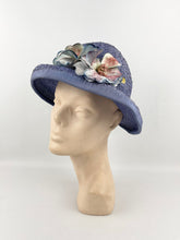 Load image into Gallery viewer, Original 1940’s Lavender Straw Bonnet Hat with Pretty Floral Trim - Vintage Summer Straw Hat *