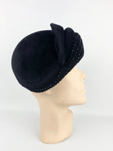 Load image into Gallery viewer, Original 1950s Inky Black Felt Skull Cap with Glass Beads - Lovely Vintage Hat