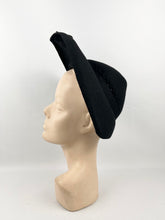 Load image into Gallery viewer, Original 1940s Black Felt Bonnet Hat with Bow Trim and Cut Out Detail
