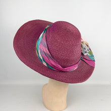 Load image into Gallery viewer, Incredible Original 1940's Oversized Pink Straw Summer Hat with Stripe Band And Flower Trim