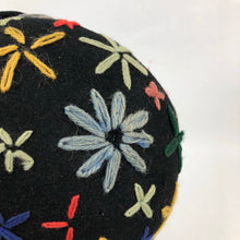 Load image into Gallery viewer, 1930s Black Felt Skull Cap with Floral Wool Work Embroidery