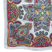 Load image into Gallery viewer, Original 1940's or 1950's Crepe Hankie in Red, Blue, Yellow and Green on a White Base - Great Gift Idea