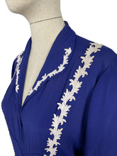Load image into Gallery viewer, Original 1940's French Navy Crepe Day Dress with White Applique Trim - Bust 44