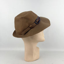 Load image into Gallery viewer, Original 1930's Mid Brown Felt Fedora with Blue and Burgundy Felt Trim *