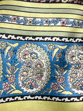 Load image into Gallery viewer, Original 1930's Yellow, Green and Blue Paisley Stripe Satin Scarf or Headscarf