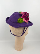 Load image into Gallery viewer, Original 1940s Rich Purple Felt Hat with Cerise Pink Velvet Flower Trim *