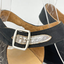 Load image into Gallery viewer, Original 1940's CC41 Black Fabric Wedges with Fabulous Metallic Silver Trim - UK 4.5 5