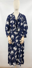 Load image into Gallery viewer, Original 1930s Navy and White Silk Volup Floral Print Dress with Bow Tie Neck - Bust 40 42