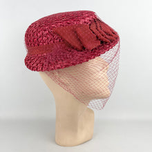 Load image into Gallery viewer, Original 1940's Stunning Pink Coarse Straw Hat with Grosgrain Trim and Face Veil