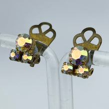 Load image into Gallery viewer, Tiny Vintage Aurora Borealis Triple Stone Clip-on Earrings