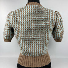 Load image into Gallery viewer, Reproduction 1940's Waffle Stripe Jumper Mocha and Duck Egg Blue Knitted from a Wartime Pattern - B 36 37 38 39 40
