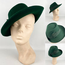 Load image into Gallery viewer, Original 1930's or 1940's Forest Green Felt Fedora with Neat Side Trim - Great Vintage Hat