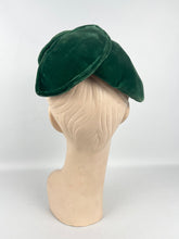 Load image into Gallery viewer, Original 1950's Rich Green Cotton Velvet Hat with Leaf Detail and Sequin Trim